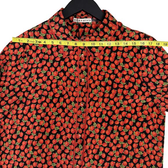 ALICE + OLIVIA Willa Long Sleeve Strawberry Print Silk Button-Up Shirt - Picture 7 of 9